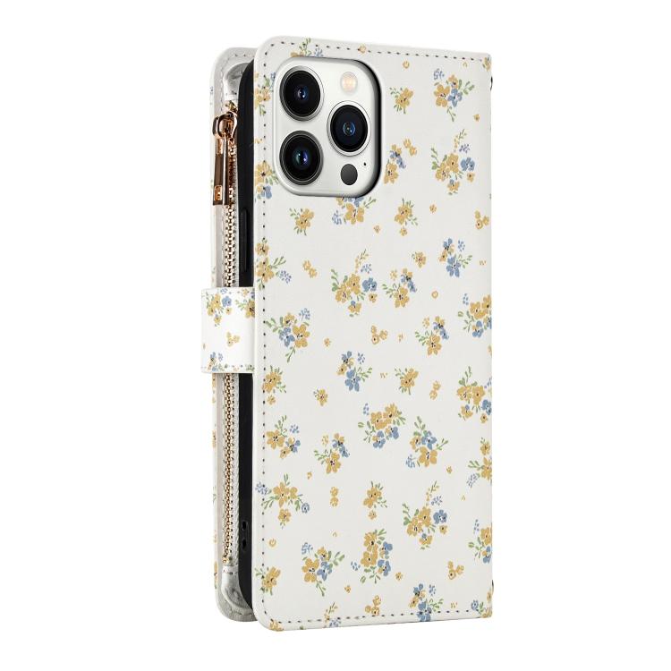 For iPhone 13 Pro Flower Pattern Zipper Wallet Vegan Leather Phone Case with Lanyard