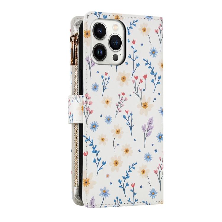 For iPhone 12 / 12 Pro Flower Pattern Zipper Wallet Vegan Leather Phone Case with Lanyard