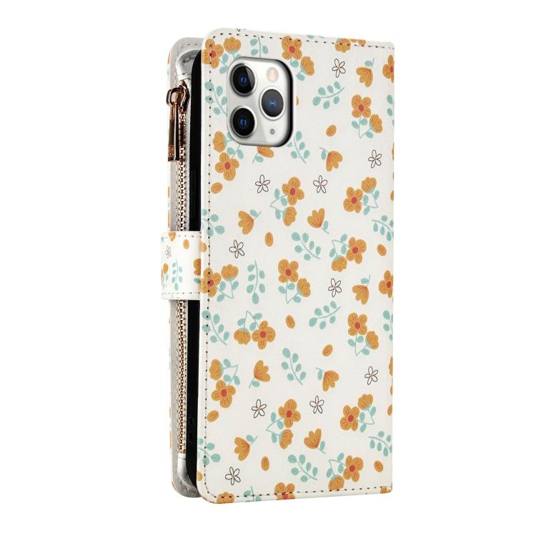 For iPhone 11 Pro Max Flower Pattern Zipper Wallet Vegan Leather Phone Case with Lanyard