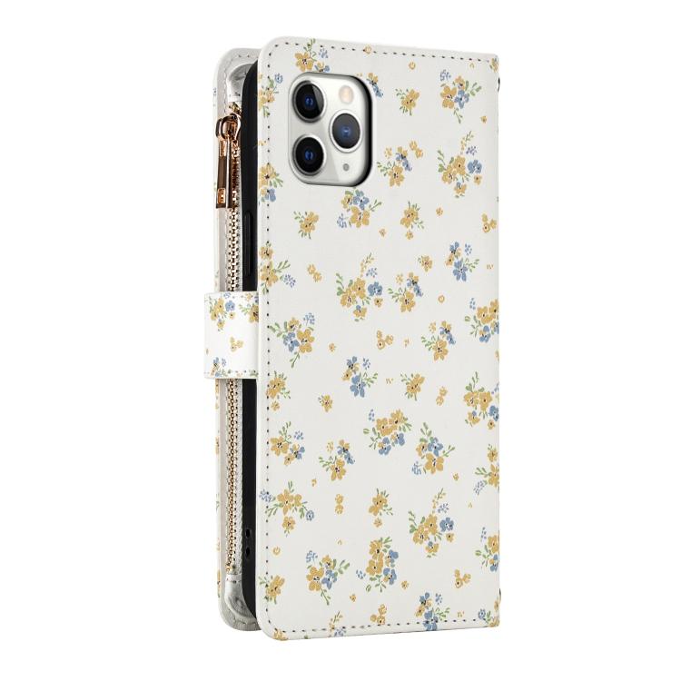 For iPhone 11 Pro Max Flower Pattern Zipper Wallet Vegan Leather Phone Case with Lanyard