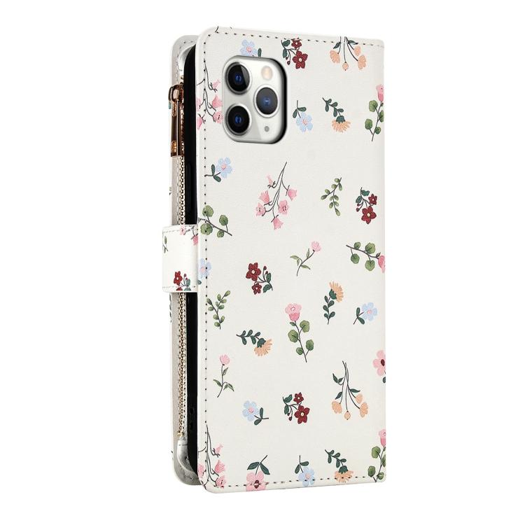 For iPhone 11 Pro Flower Pattern Zipper Wallet Vegan Leather Phone Case with Lanyard