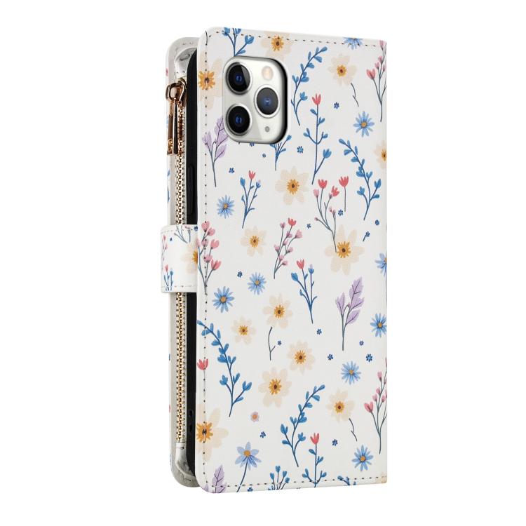 For iPhone 11 Pro Flower Pattern Zipper Wallet Vegan Leather Phone Case with Lanyard