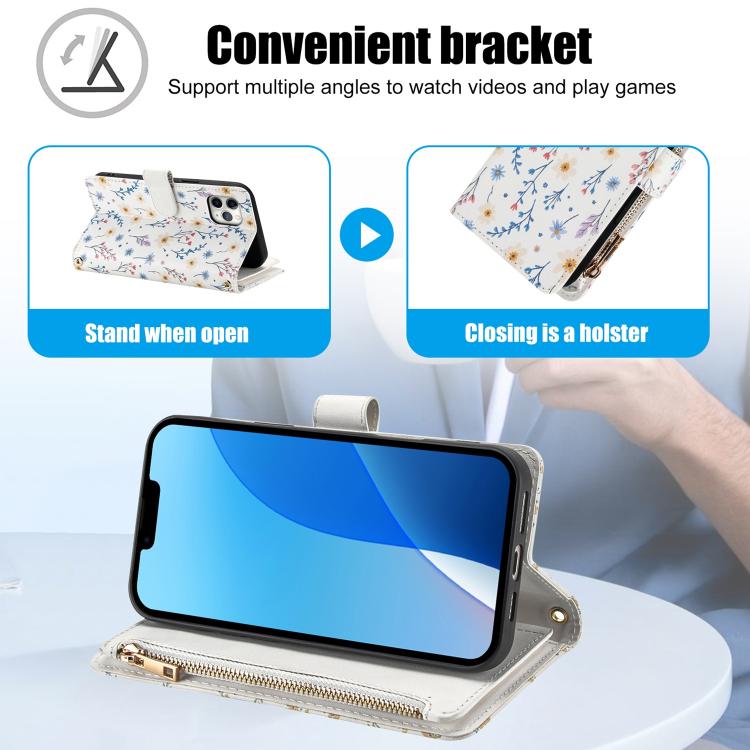 For iPhone 11 Pro Flower Pattern Zipper Wallet Vegan Leather Phone Case with Lanyard