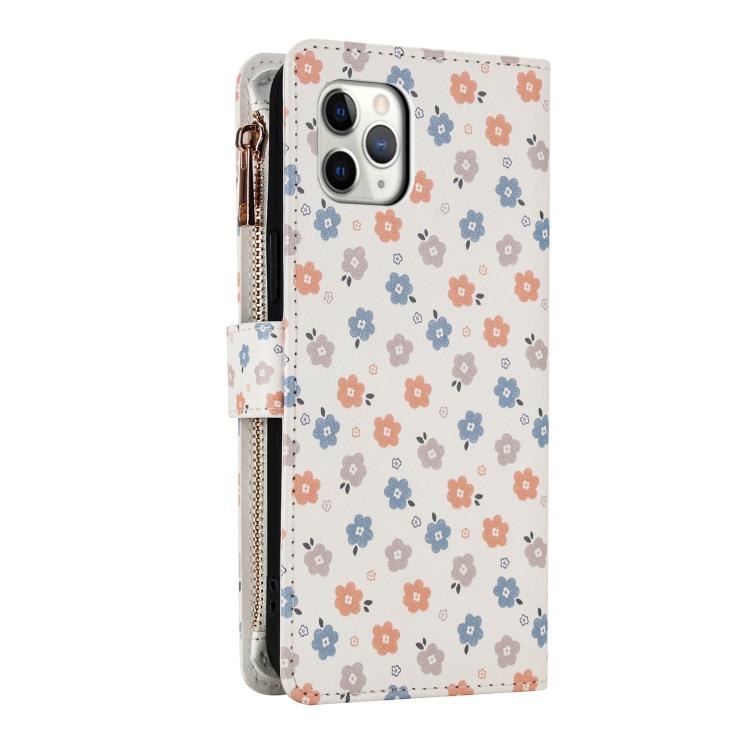 For iPhone 11 Pro Flower Pattern Zipper Wallet Vegan Leather Phone Case with Lanyard