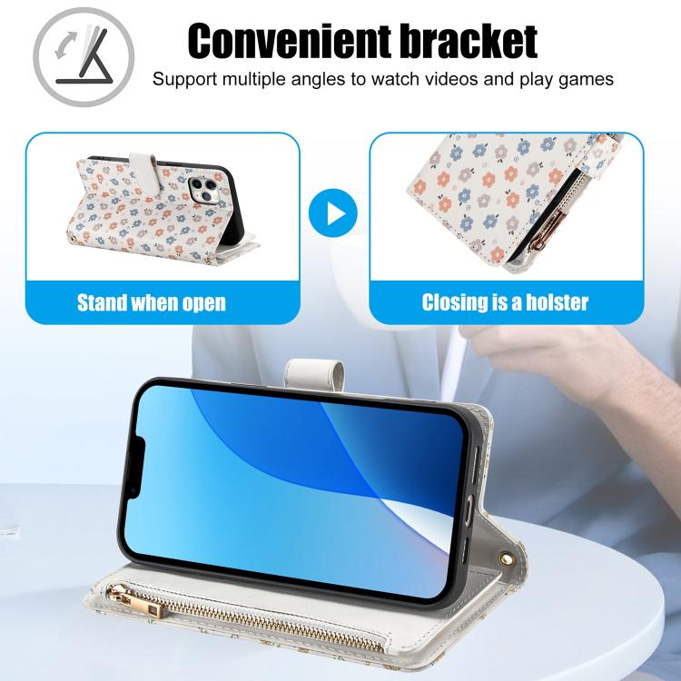 For iPhone 11 Pro Flower Pattern Zipper Wallet Vegan Leather Phone Case with Lanyard