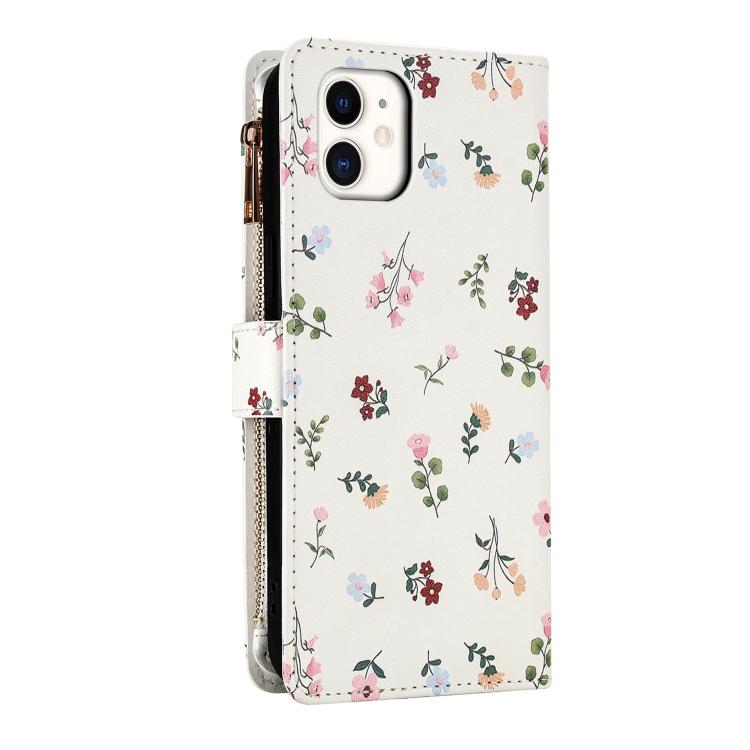 For iPhone 11 Flower Pattern Zipper Wallet Vegan Leather Phone Case with Lanyard