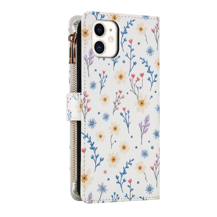 For iPhone 11 Flower Pattern Zipper Wallet Vegan Leather Phone Case with Lanyard