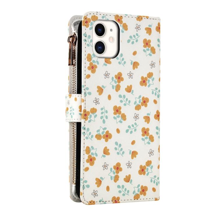 For iPhone 11 Flower Pattern Zipper Wallet Vegan Leather Phone Case with Lanyard