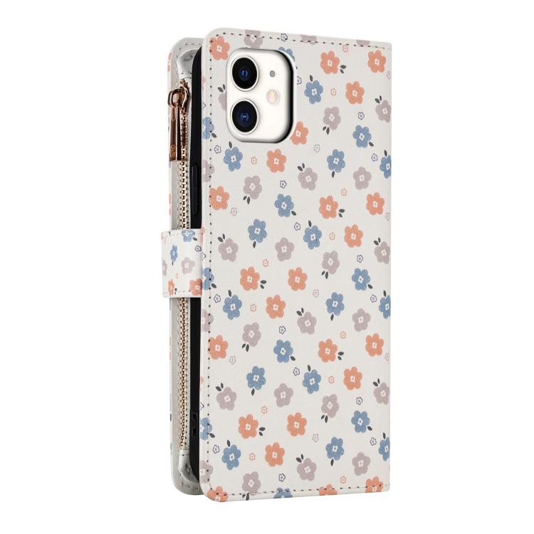 For iPhone 11 Flower Pattern Zipper Wallet Vegan Leather Phone Case with Lanyard