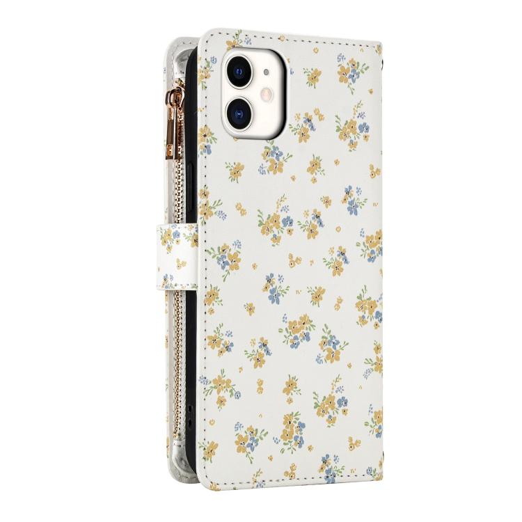 For iPhone 11 Flower Pattern Zipper Wallet Vegan Leather Phone Case with Lanyard