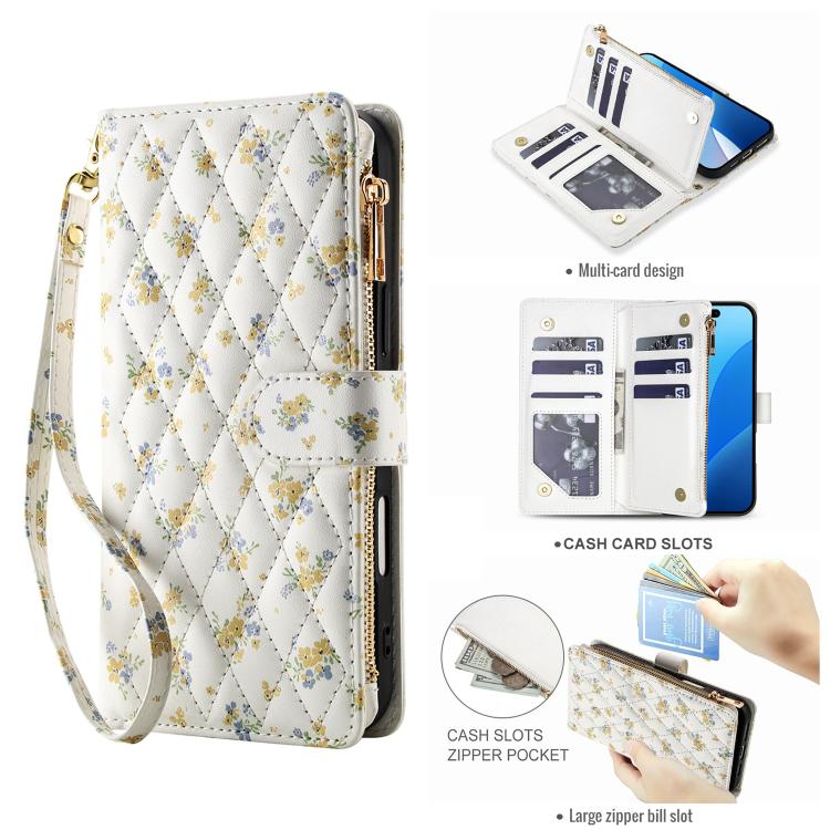 For iPhone 11 Flower Pattern Zipper Wallet Vegan Leather Phone Case with Lanyard
