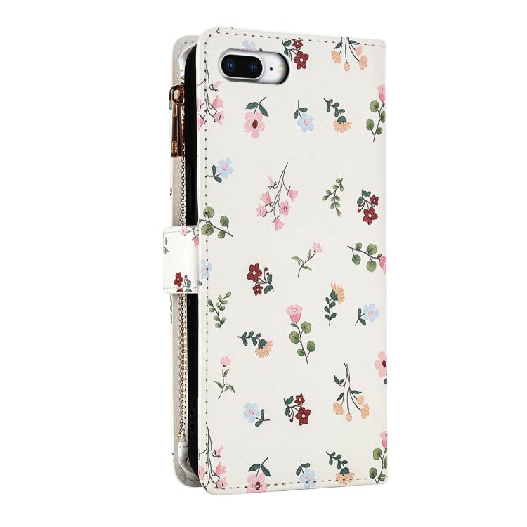 For iPhone 8 Plus / 7 Plus Flower Pattern Zipper Wallet Vegan Leather Phone Case with Lanyard