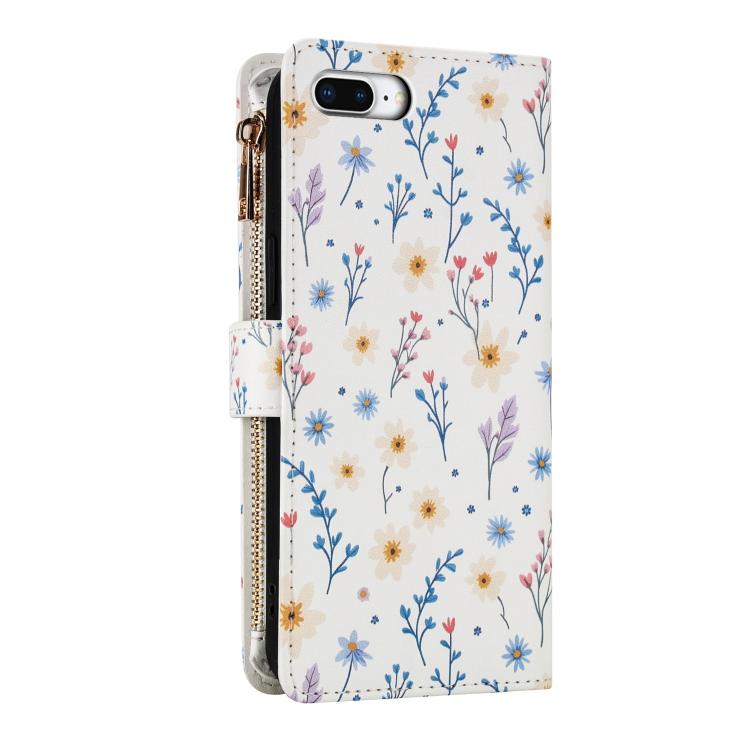For iPhone 8 Plus / 7 Plus Flower Pattern Zipper Wallet Vegan Leather Phone Case with Lanyard