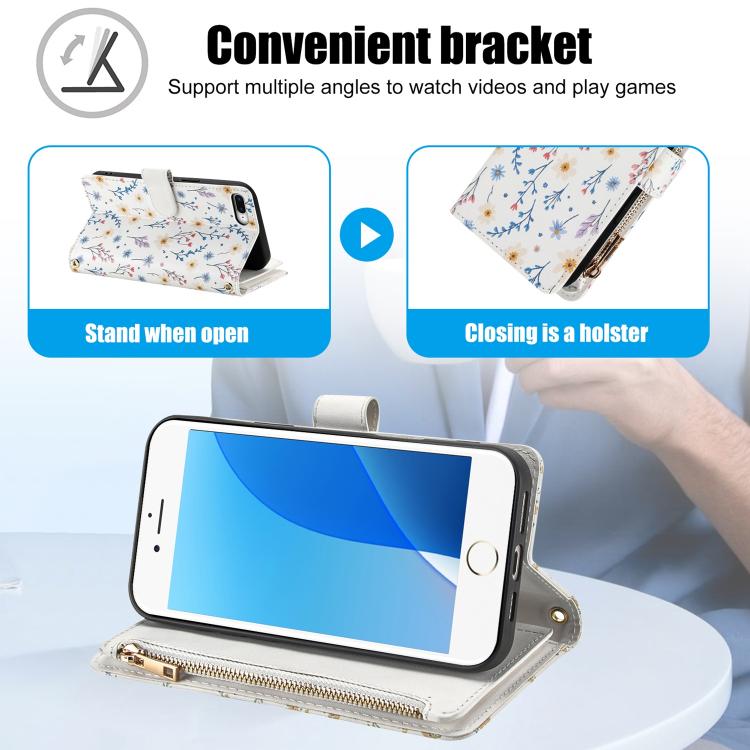 For iPhone 8 Plus / 7 Plus Flower Pattern Zipper Wallet Vegan Leather Phone Case with Lanyard