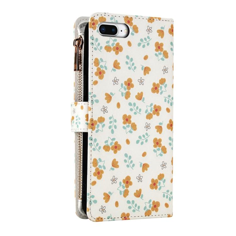 For iPhone 8 Plus / 7 Plus Flower Pattern Zipper Wallet Vegan Leather Phone Case with Lanyard