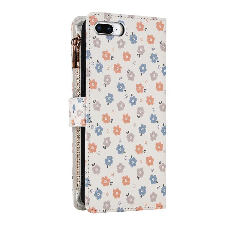 For iPhone 8 Plus / 7 Plus Flower Pattern Zipper Wallet Vegan Leather Phone Case with Lanyard