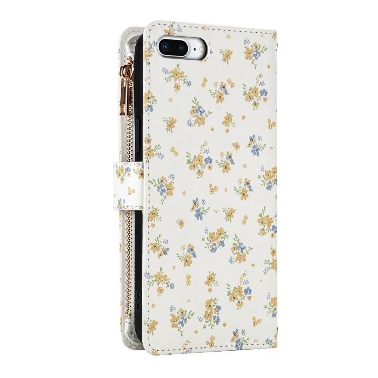 For iPhone 8 Plus / 7 Plus Flower Pattern Zipper Wallet Vegan Leather Phone Case with Lanyard