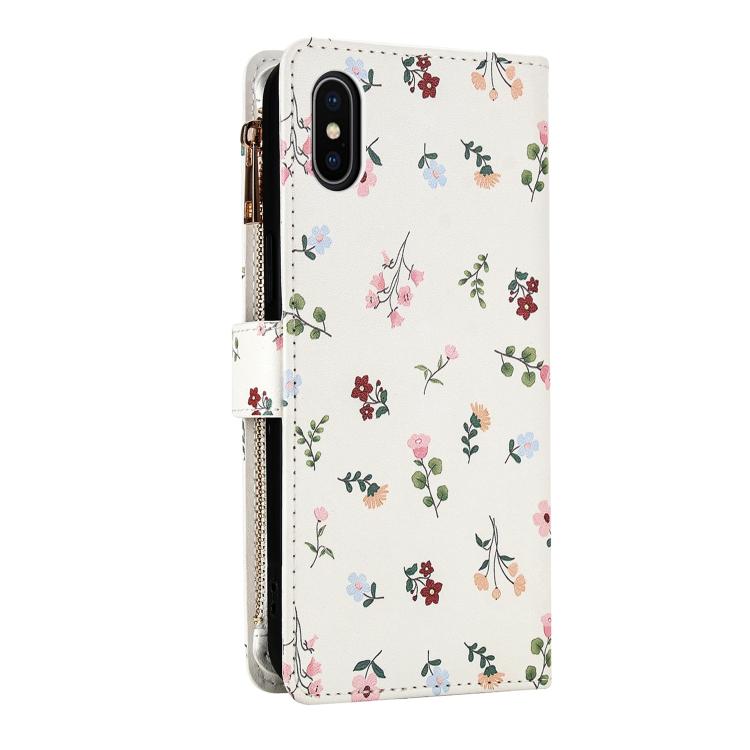 For iPhone XS Max Flower Pattern Zipper Wallet Vegan Leather Phone Case with Lanyard