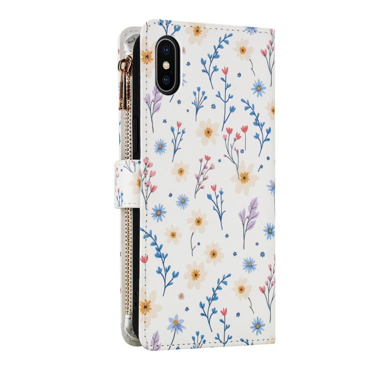For iPhone XS Max Flower Pattern Zipper Wallet Vegan Leather Phone Case with Lanyard