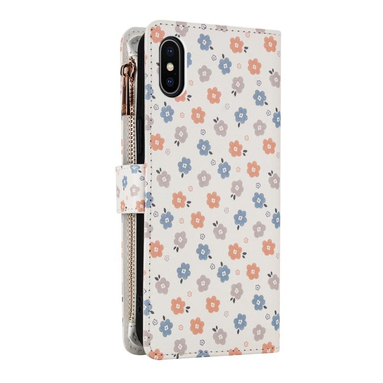 For iPhone XS Max Flower Pattern Zipper Wallet Vegan Leather Phone Case with Lanyard