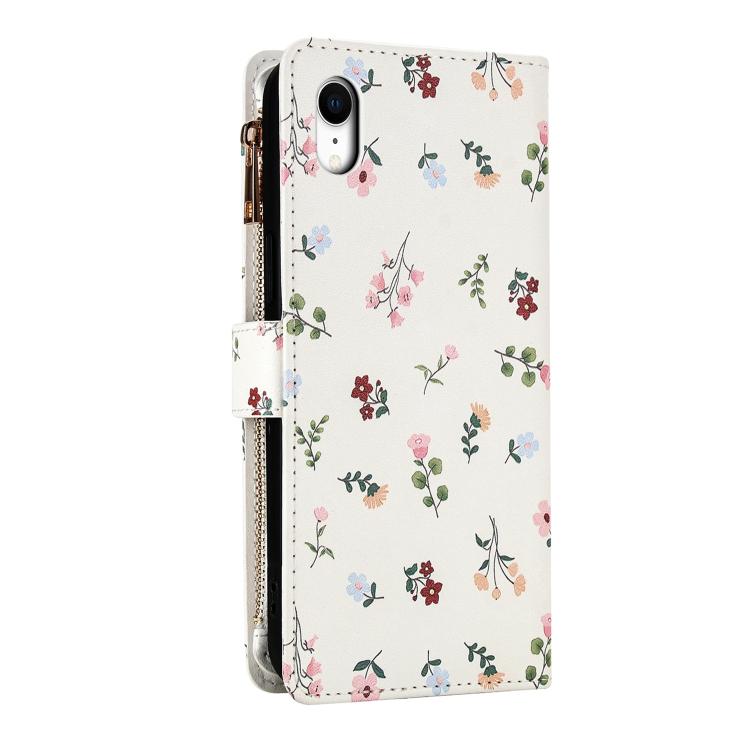 For iPhone XR Flower Pattern Zipper Wallet Vegan Leather Phone Case with Lanyard