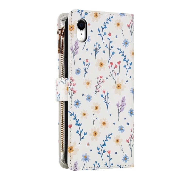 For iPhone XR Flower Pattern Zipper Wallet Vegan Leather Phone Case with Lanyard