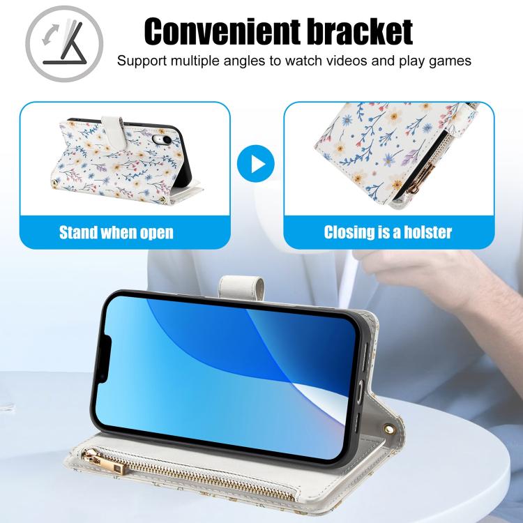 For iPhone XR Flower Pattern Zipper Wallet Vegan Leather Phone Case with Lanyard
