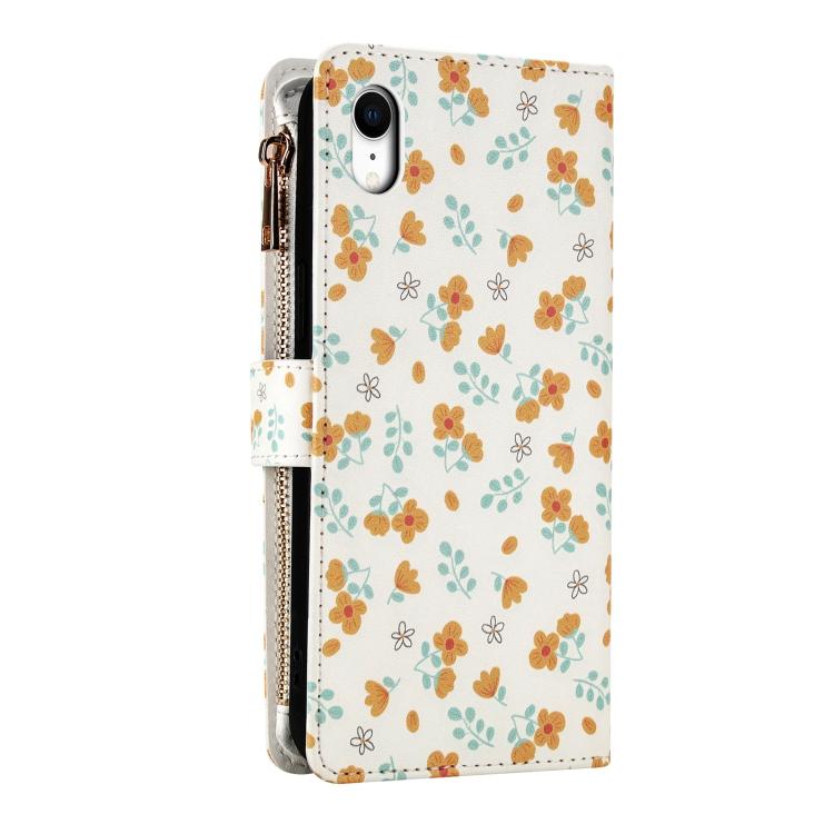 For iPhone XR Flower Pattern Zipper Wallet Vegan Leather Phone Case with Lanyard