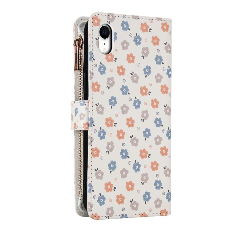 For iPhone XR Flower Pattern Zipper Wallet Vegan Leather Phone Case with Lanyard