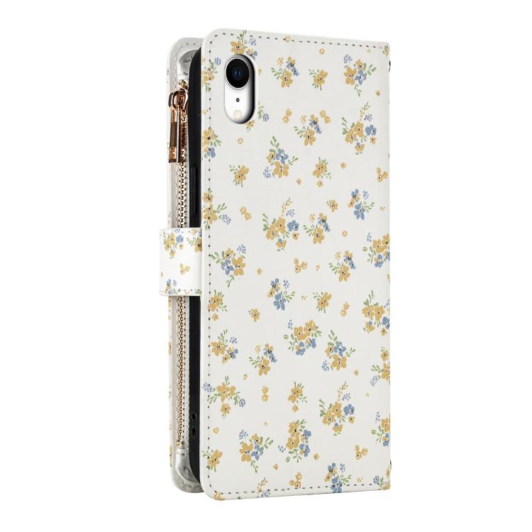 For iPhone XR Flower Pattern Zipper Wallet Vegan Leather Phone Case with Lanyard