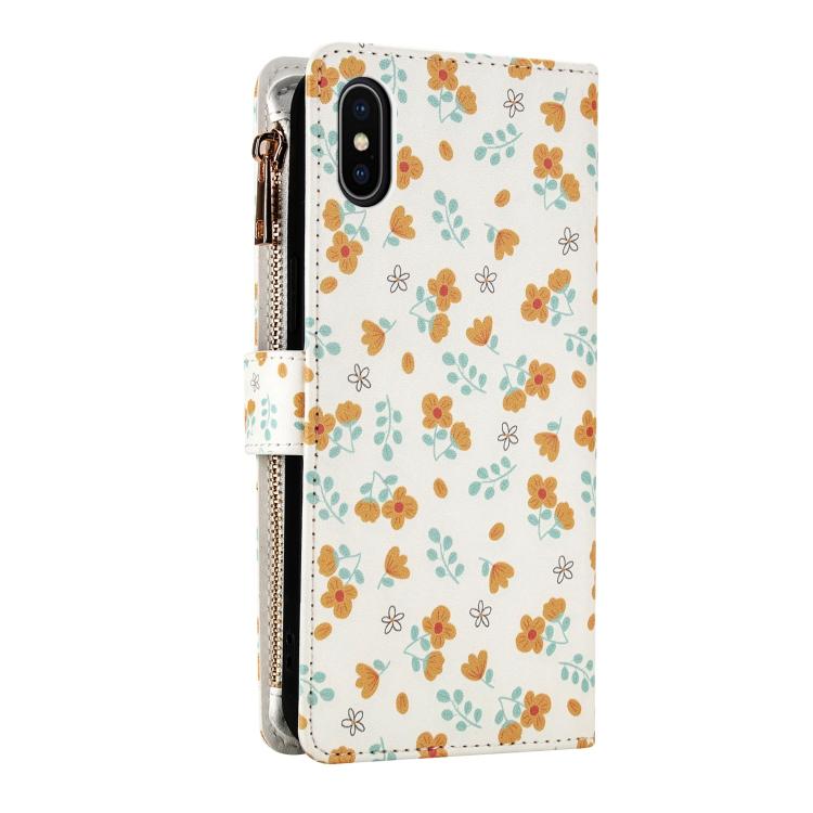 For iPhone X / XS Flower Pattern Zipper Wallet Vegan Leather Phone Case with Lanyard