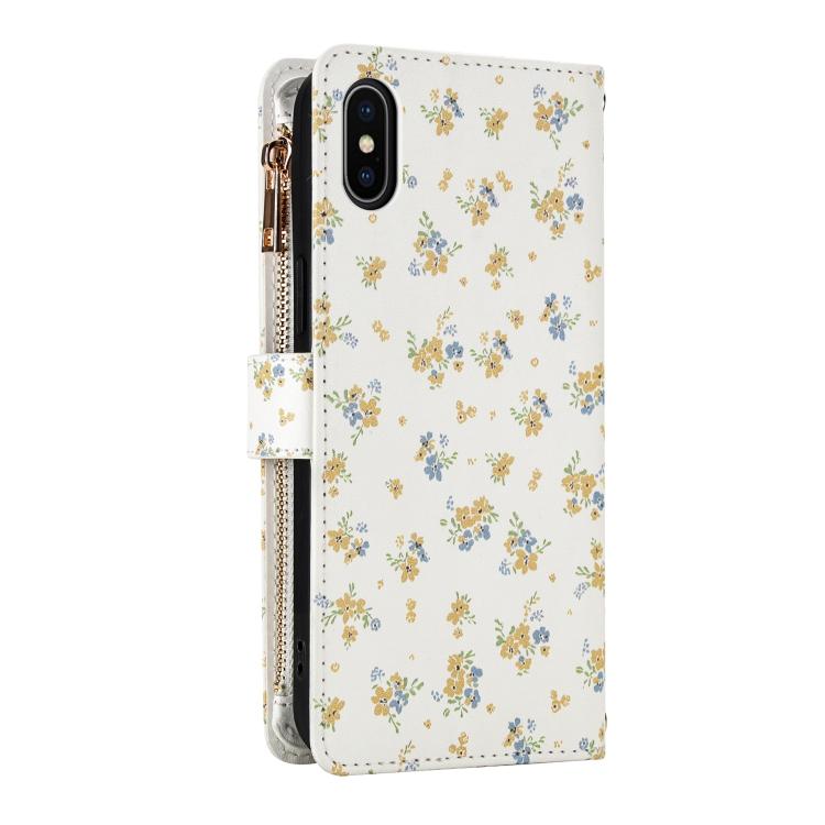 For iPhone X / XS Flower Pattern Zipper Wallet Vegan Leather Phone Case with Lanyard