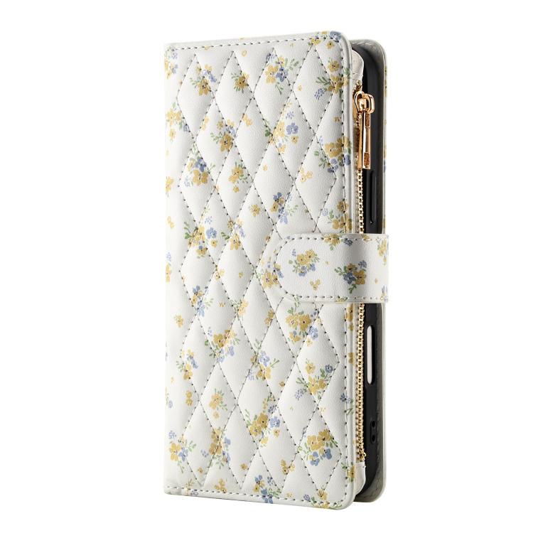 For iPhone 12 Pro Max Flower Pattern Zipper Wallet Vegan Leather Phone Case with Lanyard