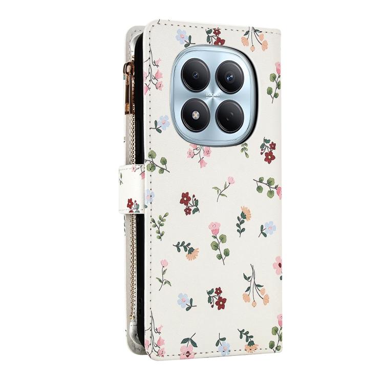 For Redmi Note 15 Pro 5G Global 163.6mm Flower Pattern Zipper Wallet Vegan Leather Phone Case with Lanyard