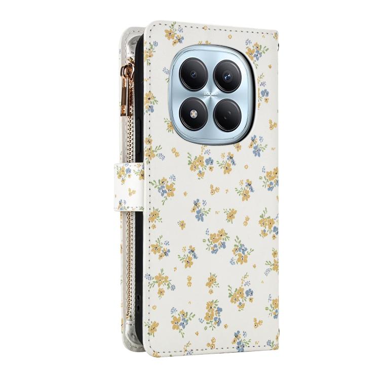 For Redmi Note 15 Pro 5G Global 163.6mm Flower Pattern Zipper Wallet Vegan Leather Phone Case with Lanyard