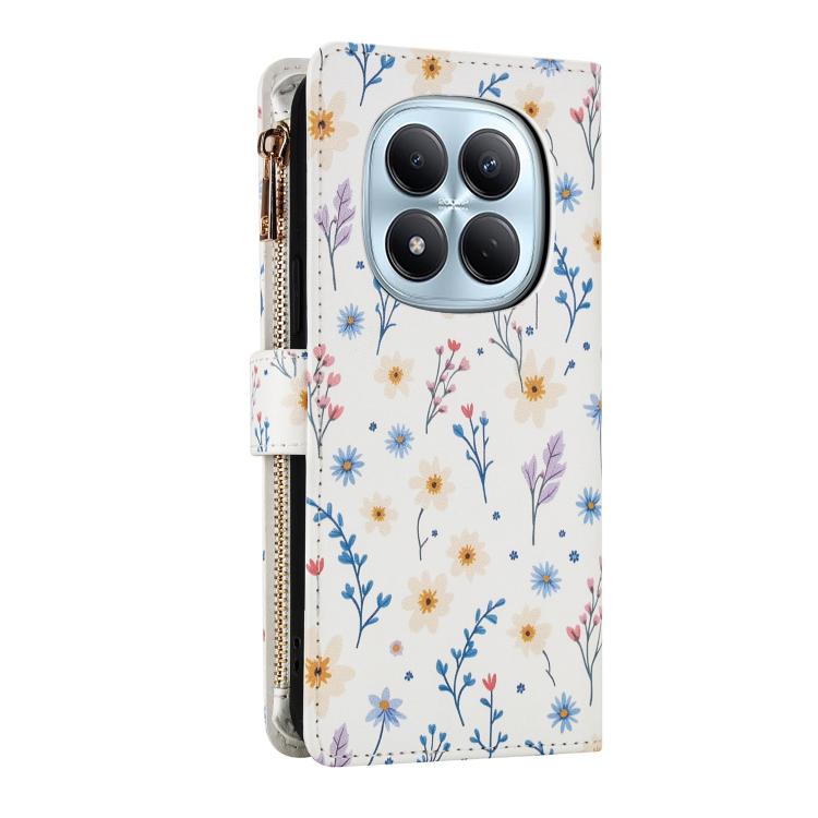 For Redmi Note 15 Pro 4G Global 163.2mm Flower Pattern Zipper Wallet Vegan Leather Phone Case with Lanyard