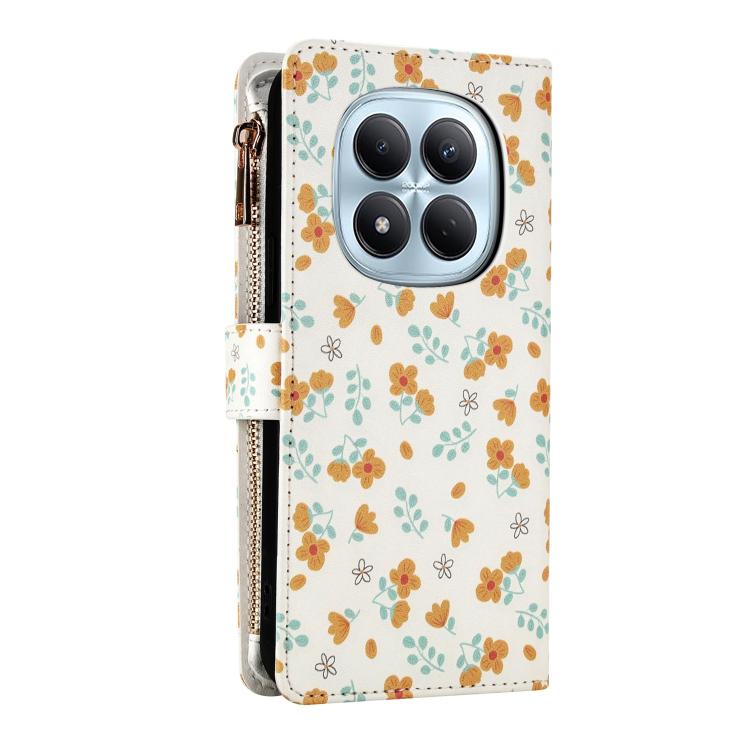 For Redmi Note 15 Pro 4G Global 163.2mm Flower Pattern Zipper Wallet Vegan Leather Phone Case with Lanyard