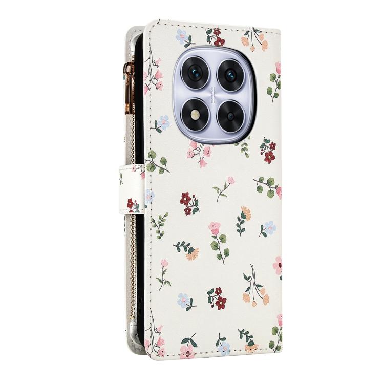 For Redmi Note 14 Pro 4G Flower Pattern Zipper Wallet Vegan Leather Phone Case with Lanyard