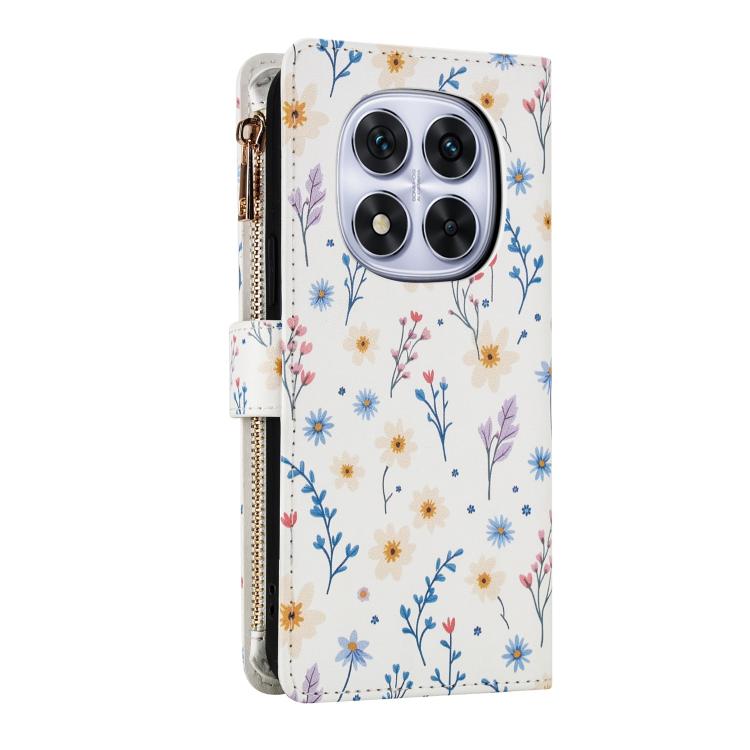 For Redmi Note 14 Pro 4G Flower Pattern Zipper Wallet Vegan Leather Phone Case with Lanyard