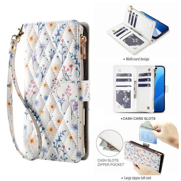 For Redmi Note 14 Pro 4G Flower Pattern Zipper Wallet Vegan Leather Phone Case with Lanyard