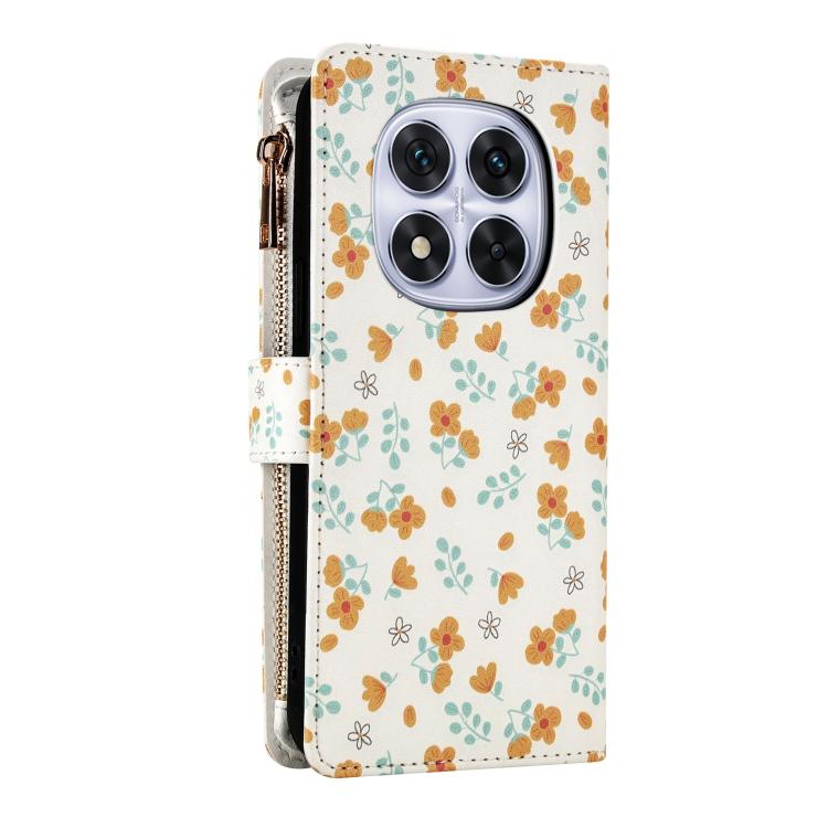 For Redmi Note 14 Pro 4G Flower Pattern Zipper Wallet Vegan Leather Phone Case with Lanyard