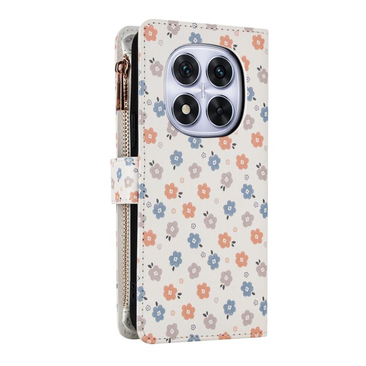 For Redmi Note 14 Pro 4G Flower Pattern Zipper Wallet Vegan Leather Phone Case with Lanyard