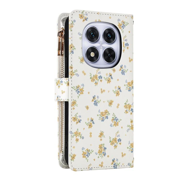 For Redmi Note 14 Pro 4G Flower Pattern Zipper Wallet Vegan Leather Phone Case with Lanyard