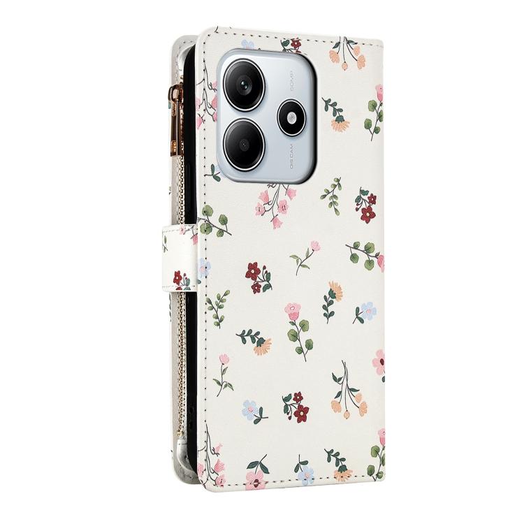 For Redmi Note 14 5G / Poco M7 Pro 5G Flower Pattern Zipper Wallet Vegan Leather Phone Case with Lanyard