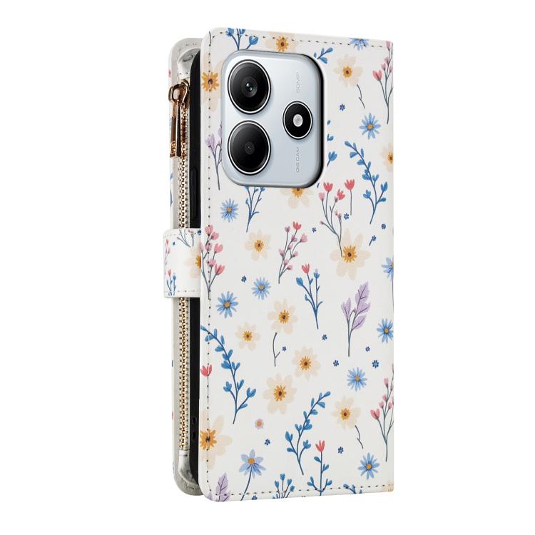 For Redmi Note 14 5G / Poco M7 Pro 5G Flower Pattern Zipper Wallet Vegan Leather Phone Case with Lanyard