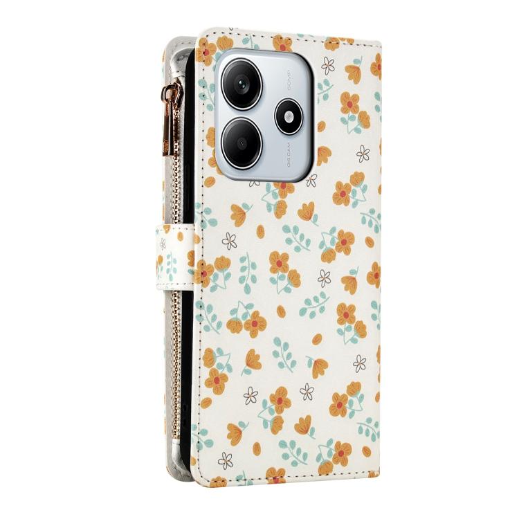 For Redmi Note 14 5G / Poco M7 Pro 5G Flower Pattern Zipper Wallet Vegan Leather Phone Case with Lanyard