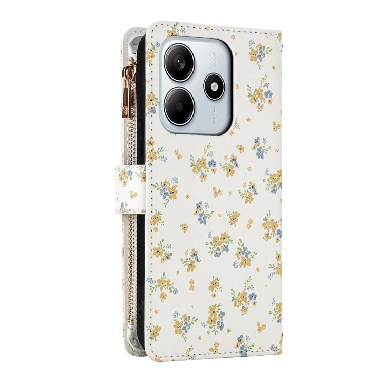 For Redmi Note 14 5G / Poco M7 Pro 5G Flower Pattern Zipper Wallet Vegan Leather Phone Case with Lanyard