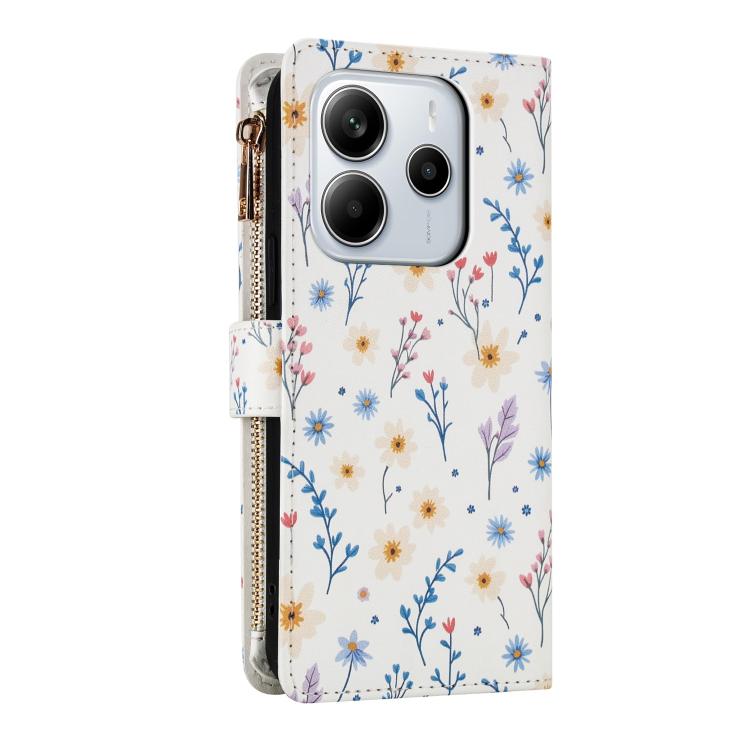 For Redmi Note 14 4G 164.84mm Flower Pattern Zipper Wallet Vegan Leather Phone Case with Lanyard