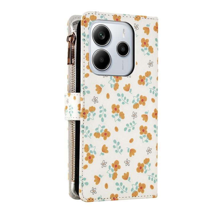 For Redmi Note 14 4G 164.84mm Flower Pattern Zipper Wallet Vegan Leather Phone Case with Lanyard