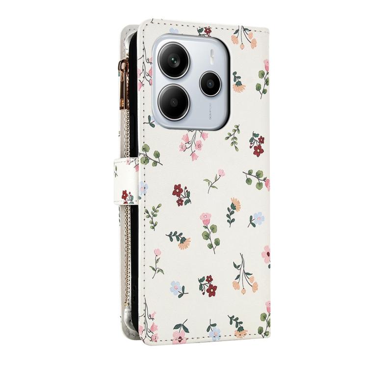 For Redmi Note 14 4G 163.25mm Flower Pattern Zipper Wallet Vegan Leather Phone Case with Lanyard